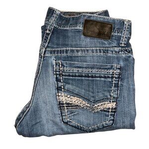 BKE Carter Straight Leg Jeans Mens 30 27 Light Wash Well Worn Grunge Embroidered
